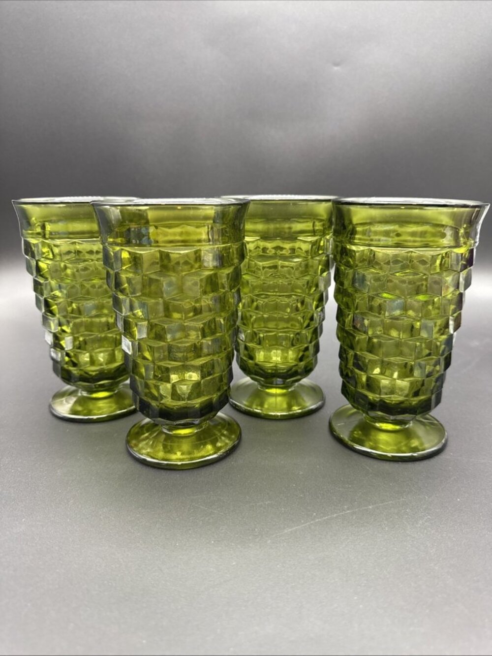VTG Indiana Whitehall Colony Cubist Avocado Green Footed Tumblers 6” Lot Of 4